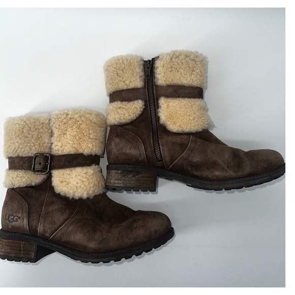 UGG Shoes - UGG Suede Shearling Cuff Ankle Boots Brown Buckle Accent Size 8